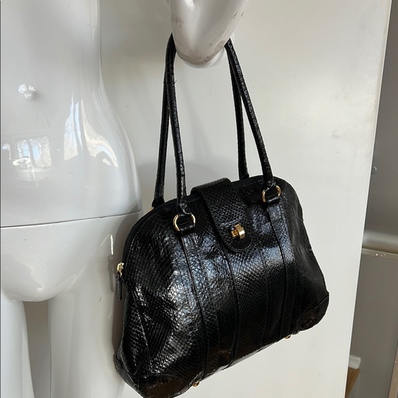 Bloomingdale’s Black Snakeskin Satchel Zip Top & Flap Shoulder Bag - Picture 1 of 8